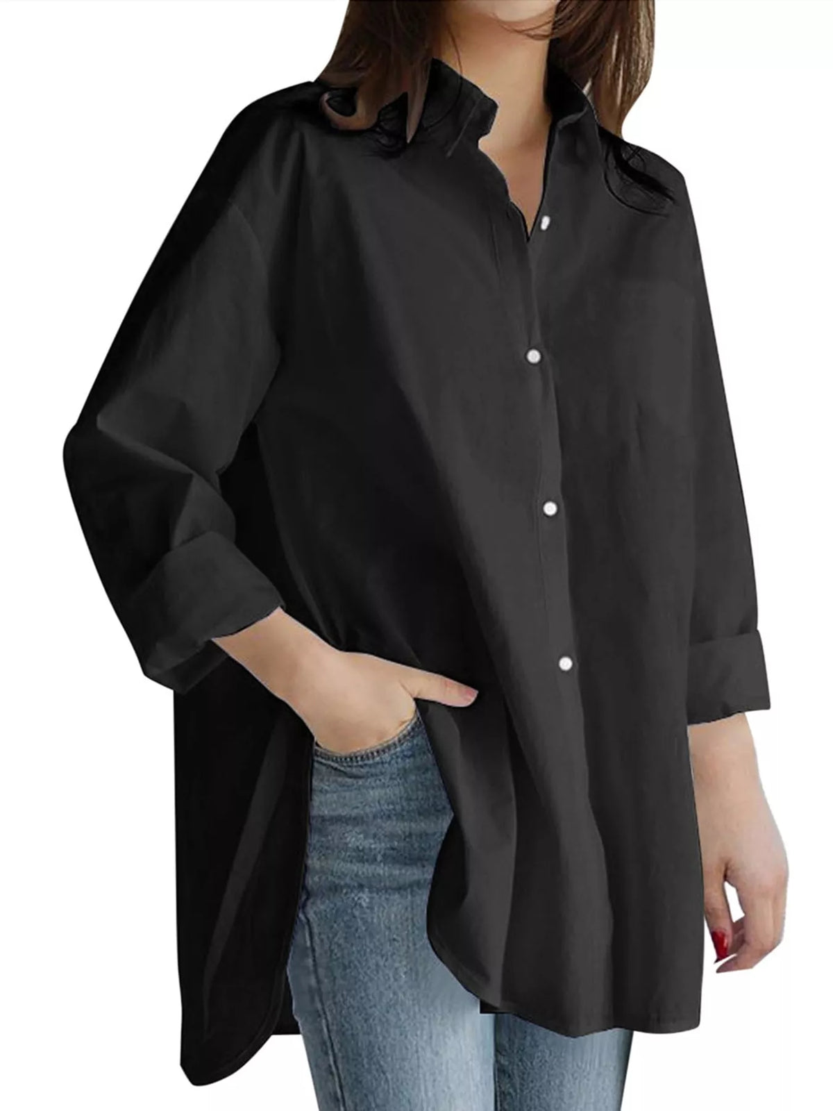 Full Size Oversized Button-Down Long Sleeve Shirt Plus Size - Black