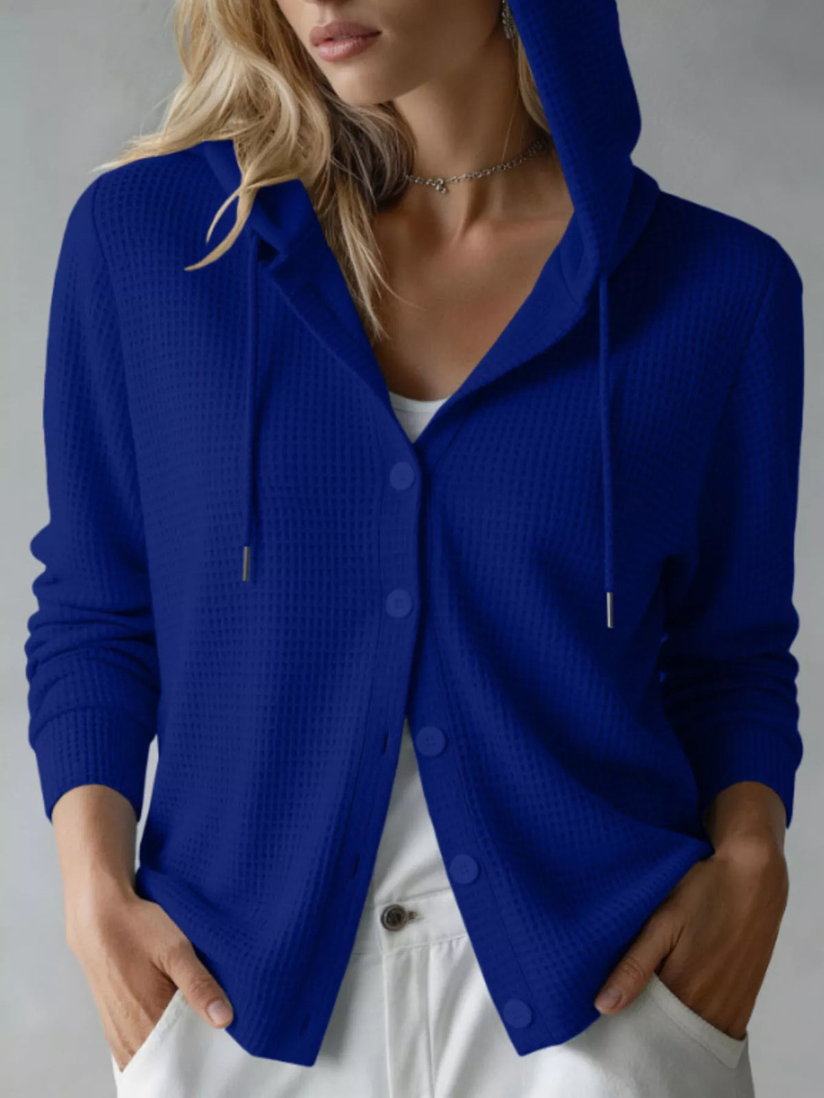 Waffle Knit Button-Down Hooded Cardigan - Blue