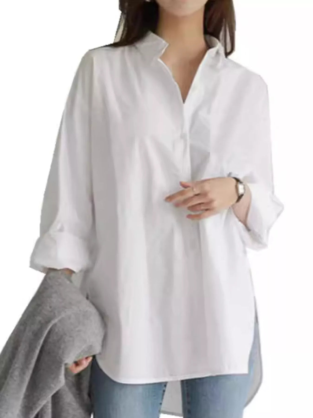 Full Size Oversized Button-Down Long Sleeve Shirt Plus Size - White