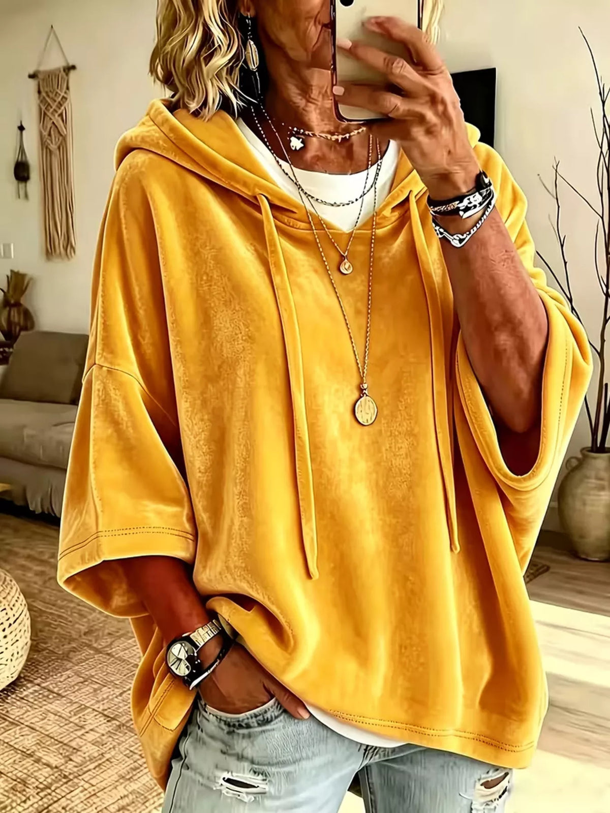 Velvet Loose Fit Hoodie with Drawstring - Yellow