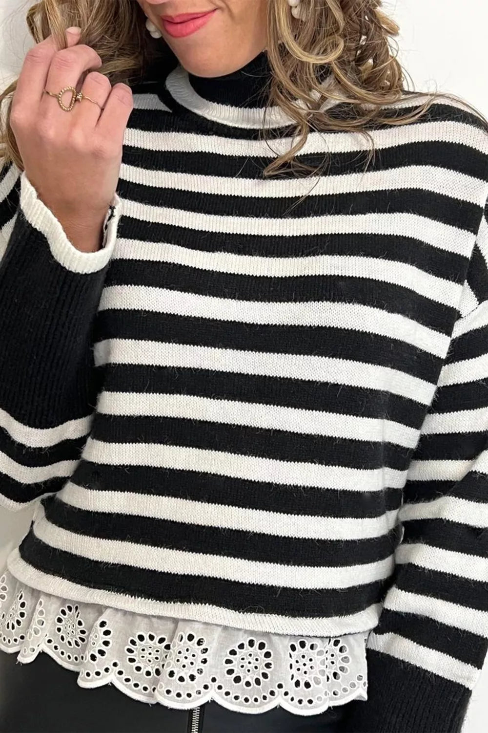 Striped High Neck Contrast Ruffle Detail Casual Sweater