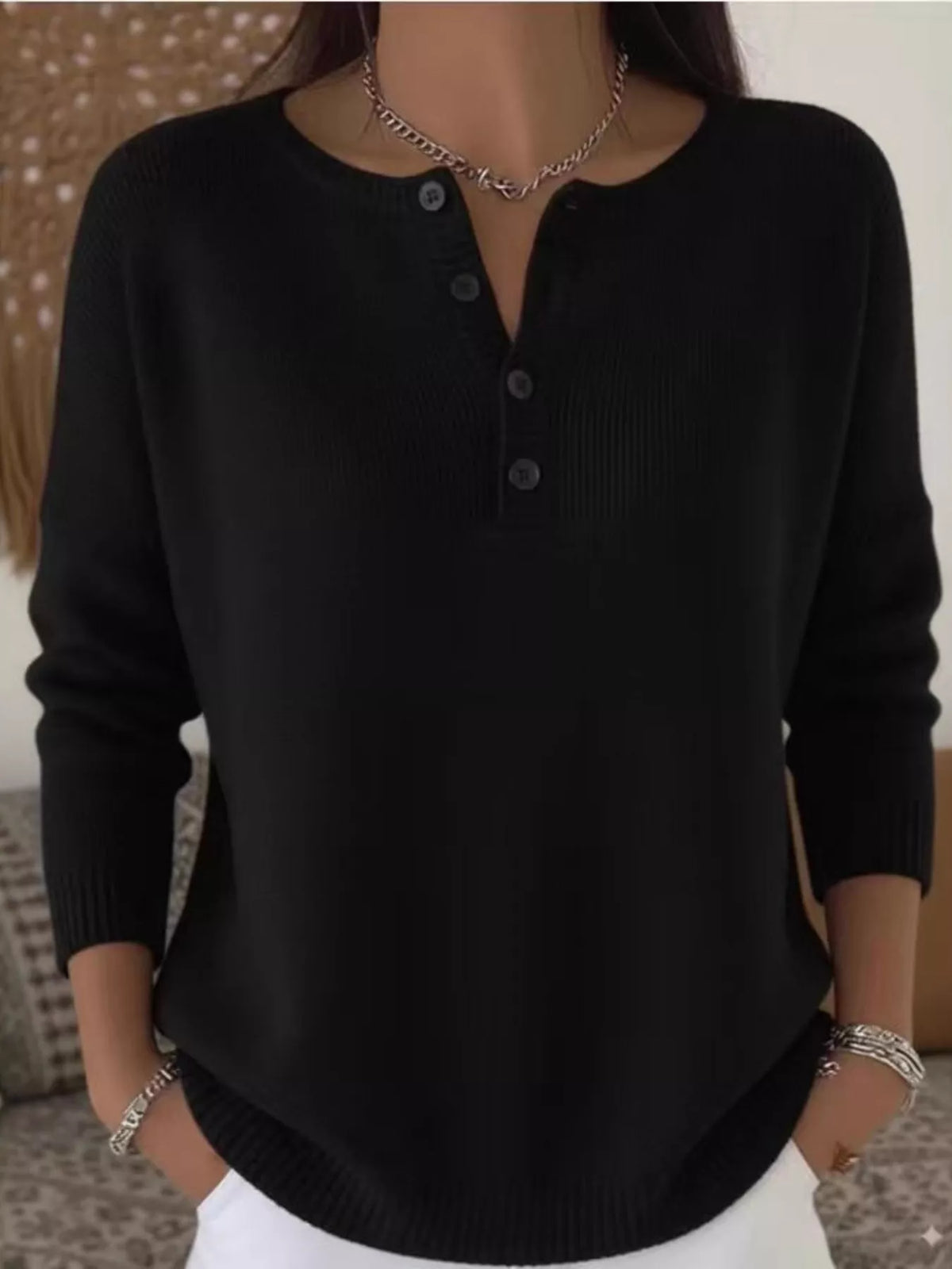 Full Size Button Detail Ribbed Knit Sweater Plus Size - Black