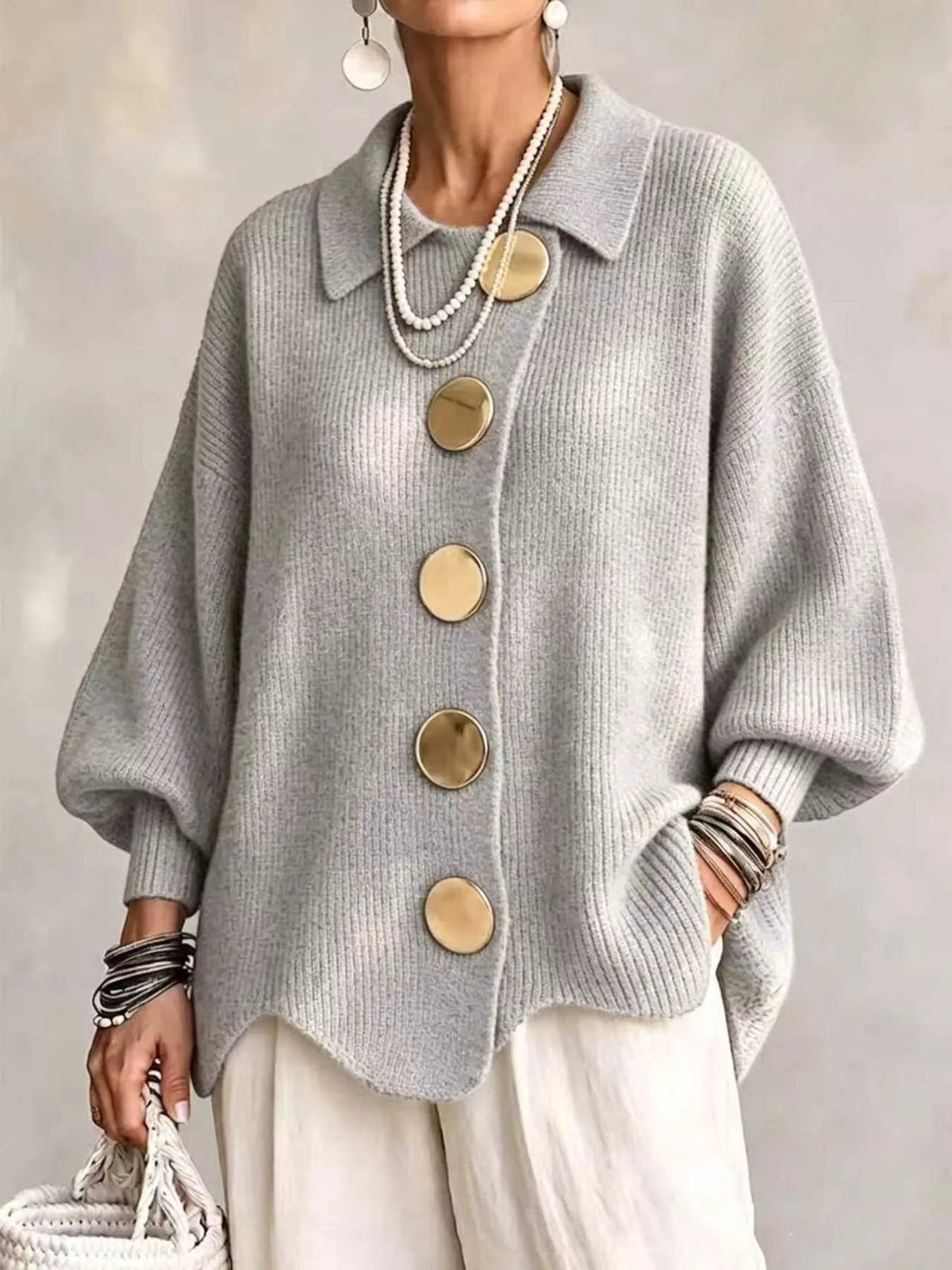 Full Size Gold Buttons Lantern Sleeve Cardigan Plus Size - Light Gray