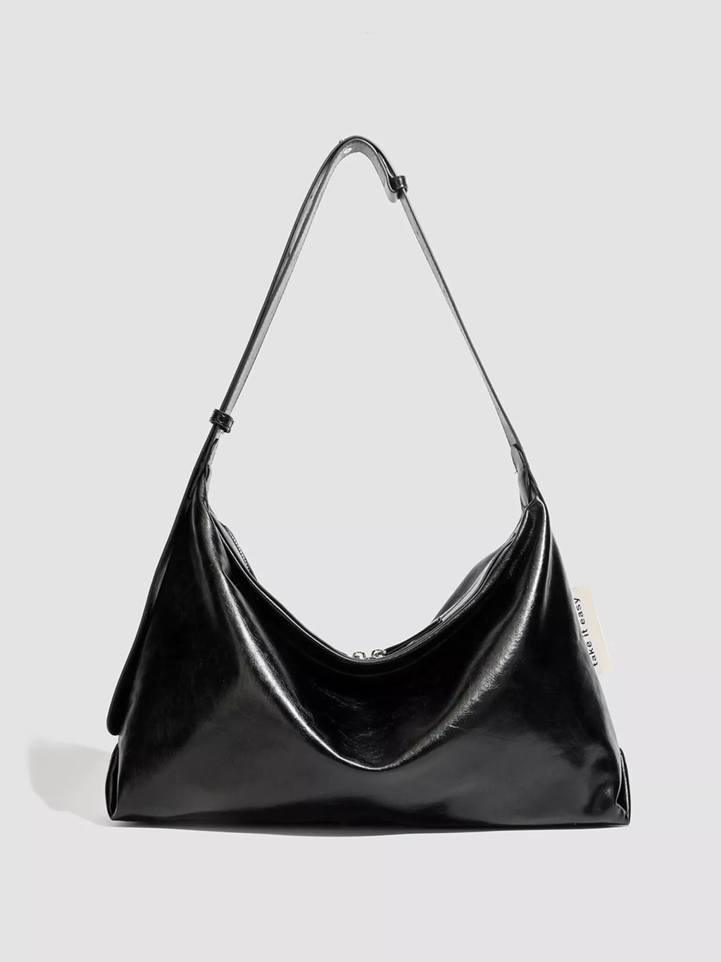Minimalist Glossy Leather Slouchy Shoulder Bag - Black