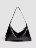 Minimalist Glossy Leather Slouchy Shoulder Bag - Black