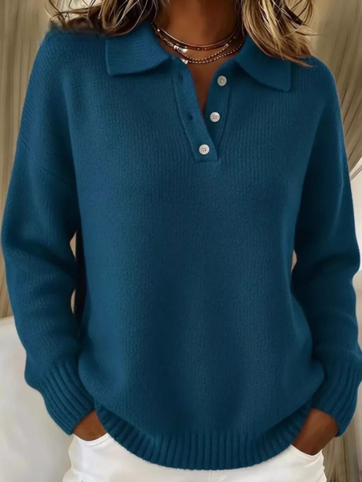 Full Size Button Detail Dropped Shoulder Sweater Plus Size - Navy Blue