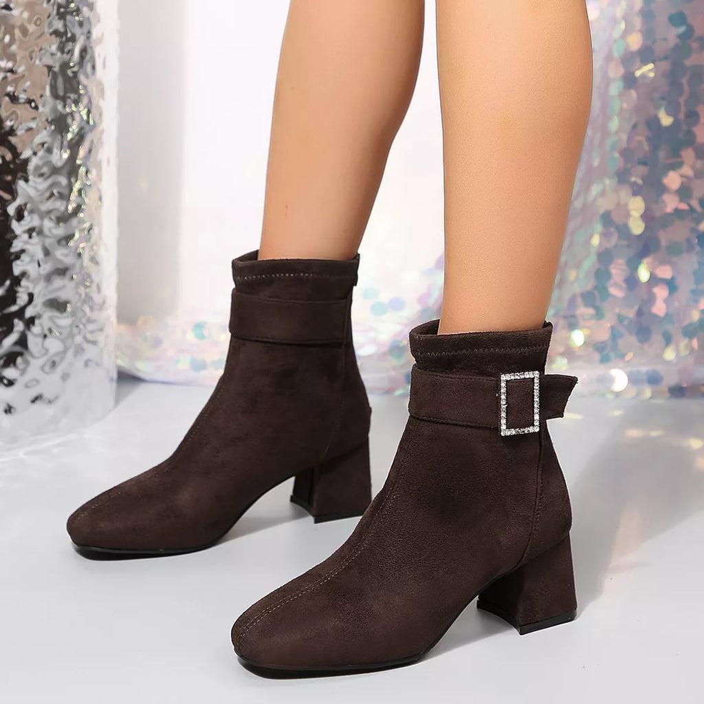 Round Toe Block Heels Boots - Burgundy