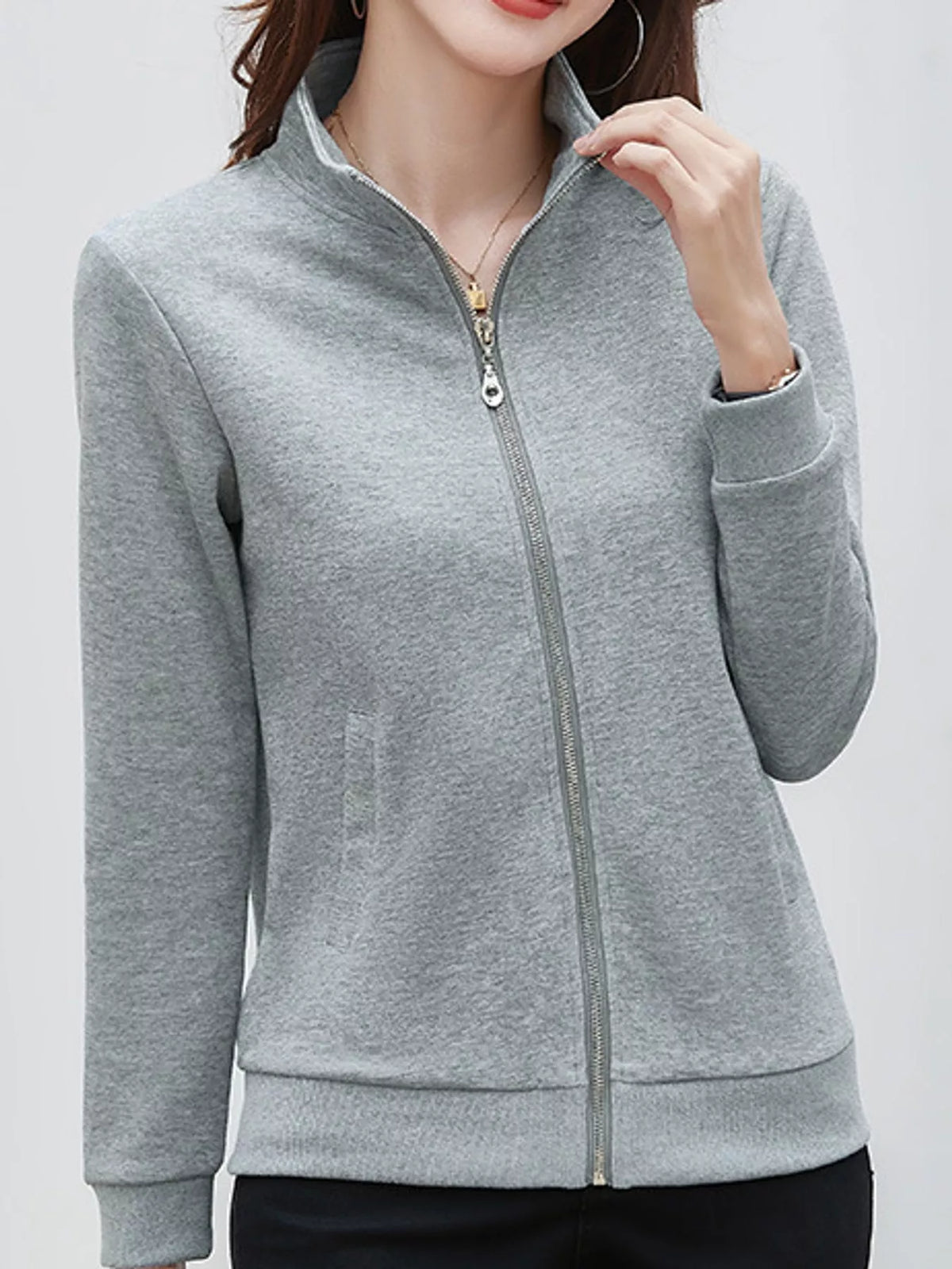 Full Size Stand-Collar Zip-Up Sweatshirt Plus Size - Gray