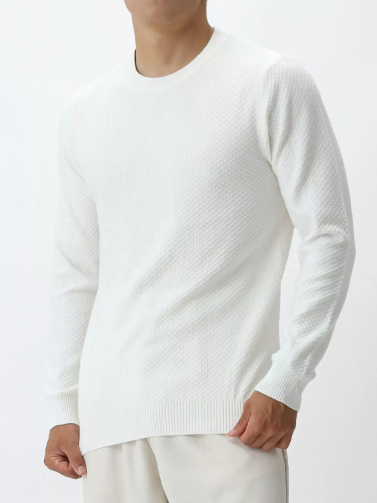 Men's Plus Size Textured Crew Neck Sweater - White
