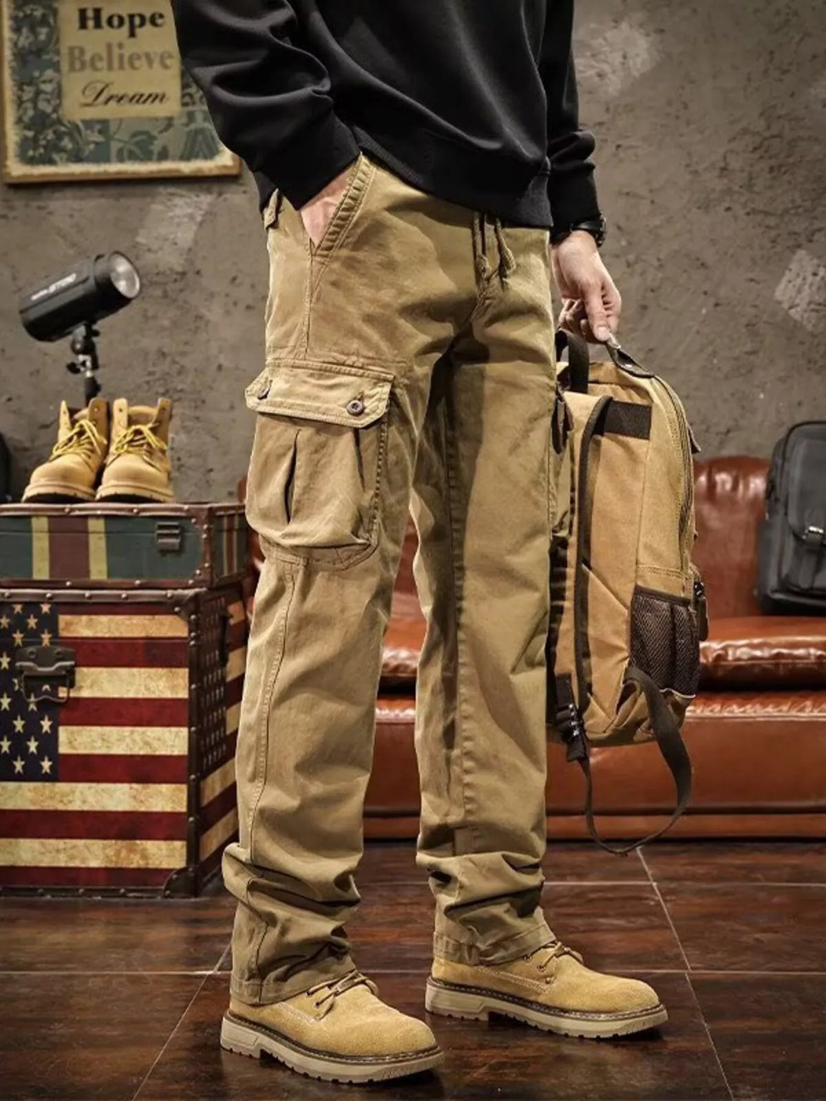 Men's Plus Size Multi-Pocket Cargo Pants - Mustard
