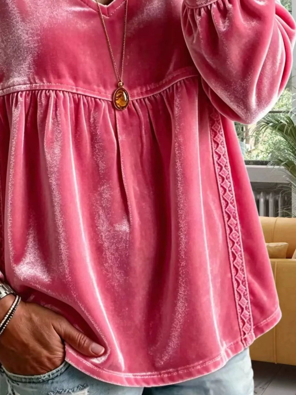 Full Size Velvet Lace Detail V-Neck Blouse Plus Size