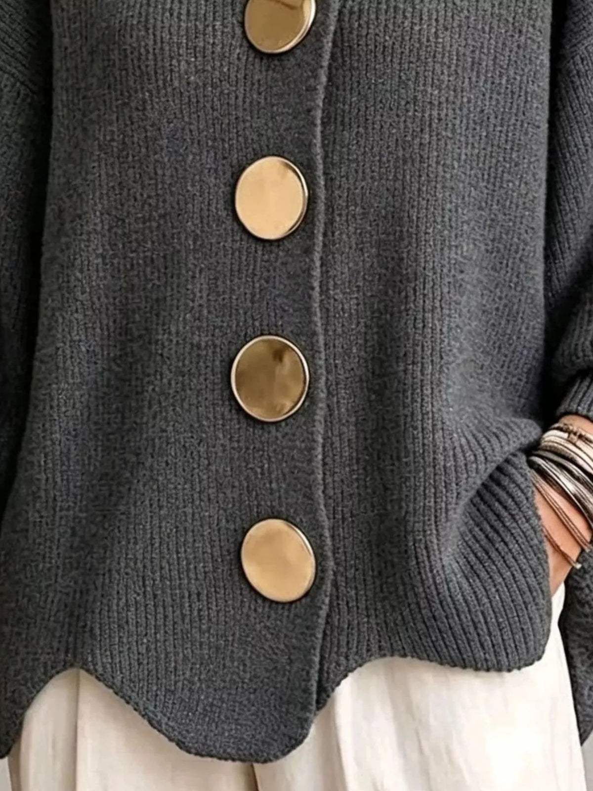 Full Size Gold Buttons Lantern Sleeve Cardigan Plus Size