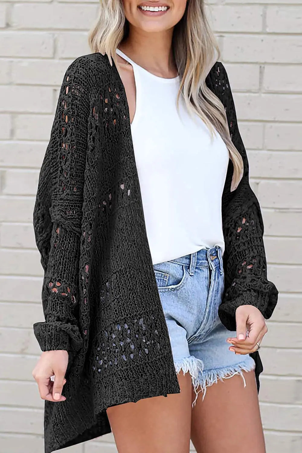 Openwork Open Front Long Sleeve Cardigan - Black