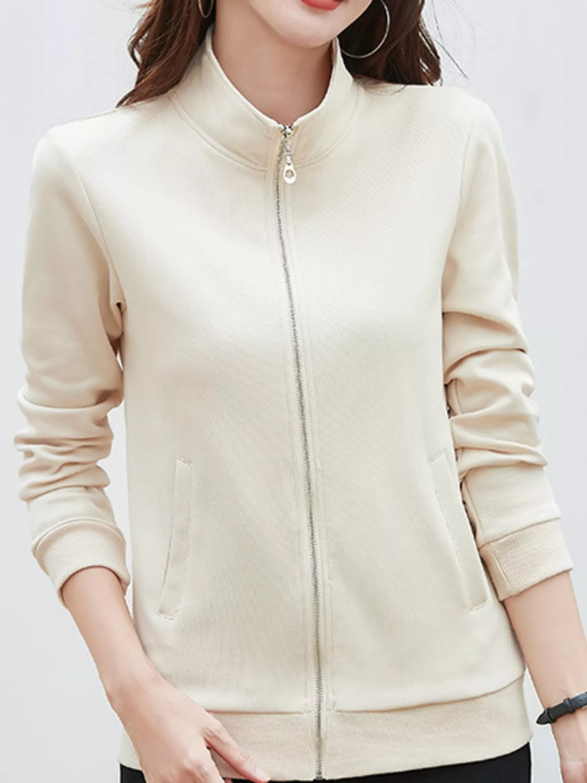 Full Size Stand-Collar Zip-Up Sweatshirt Plus Size - Apricot