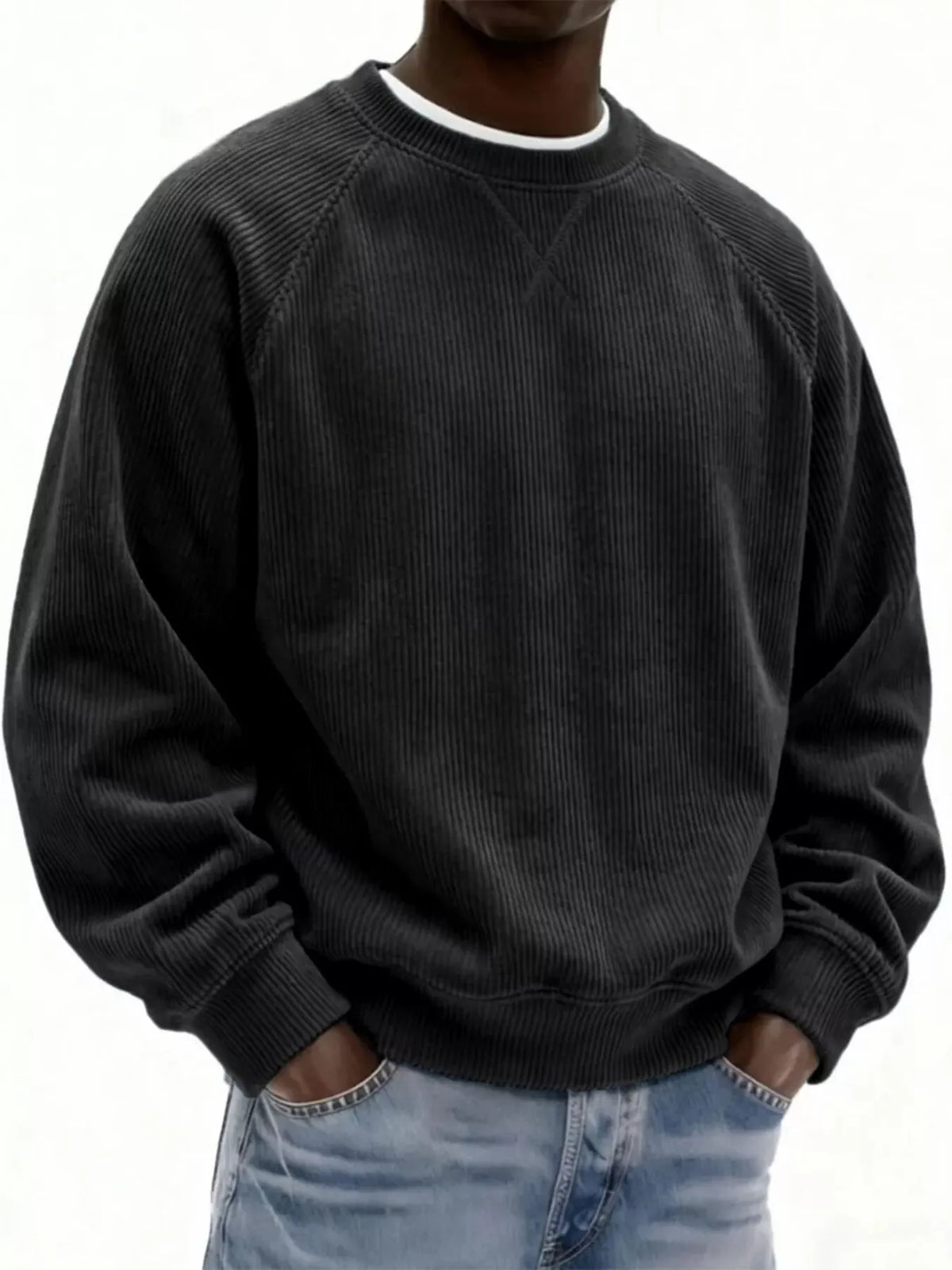 Men's Full Size Corduroy Crew Neck Sweatshirt Plus Size - Black