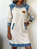 Full Size Denim Patchwork Hooded Sweatshirt Dress Plus Size - Light Gray