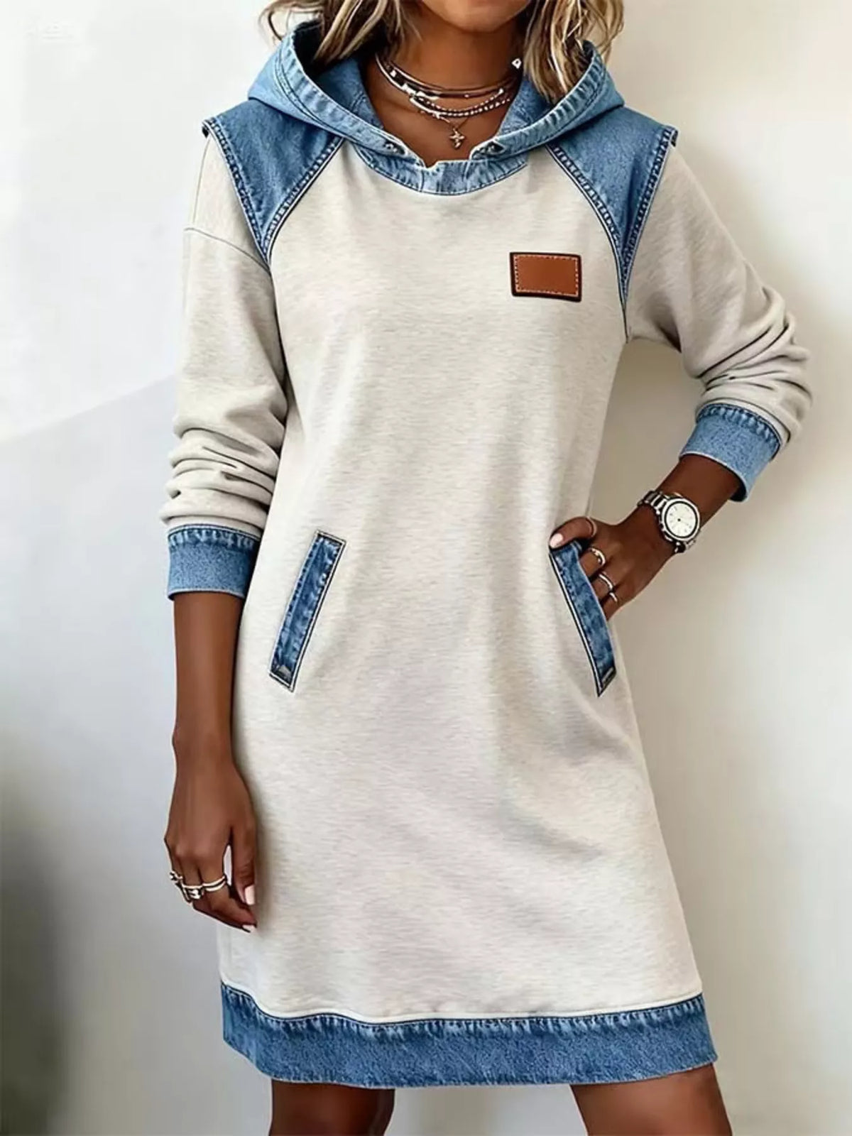Full Size Denim Patchwork Hooded Sweatshirt Dress Plus Size - Light Gray