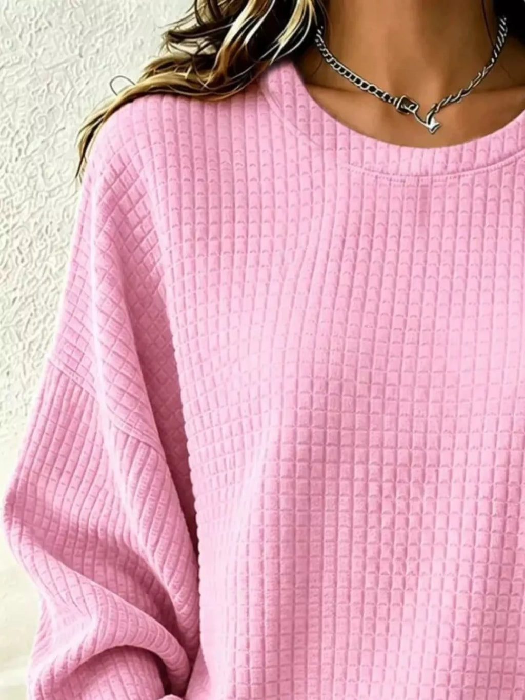 Full Size Waffle Knit Long Sleeve Crew Neck Sweatshirt Plus Size