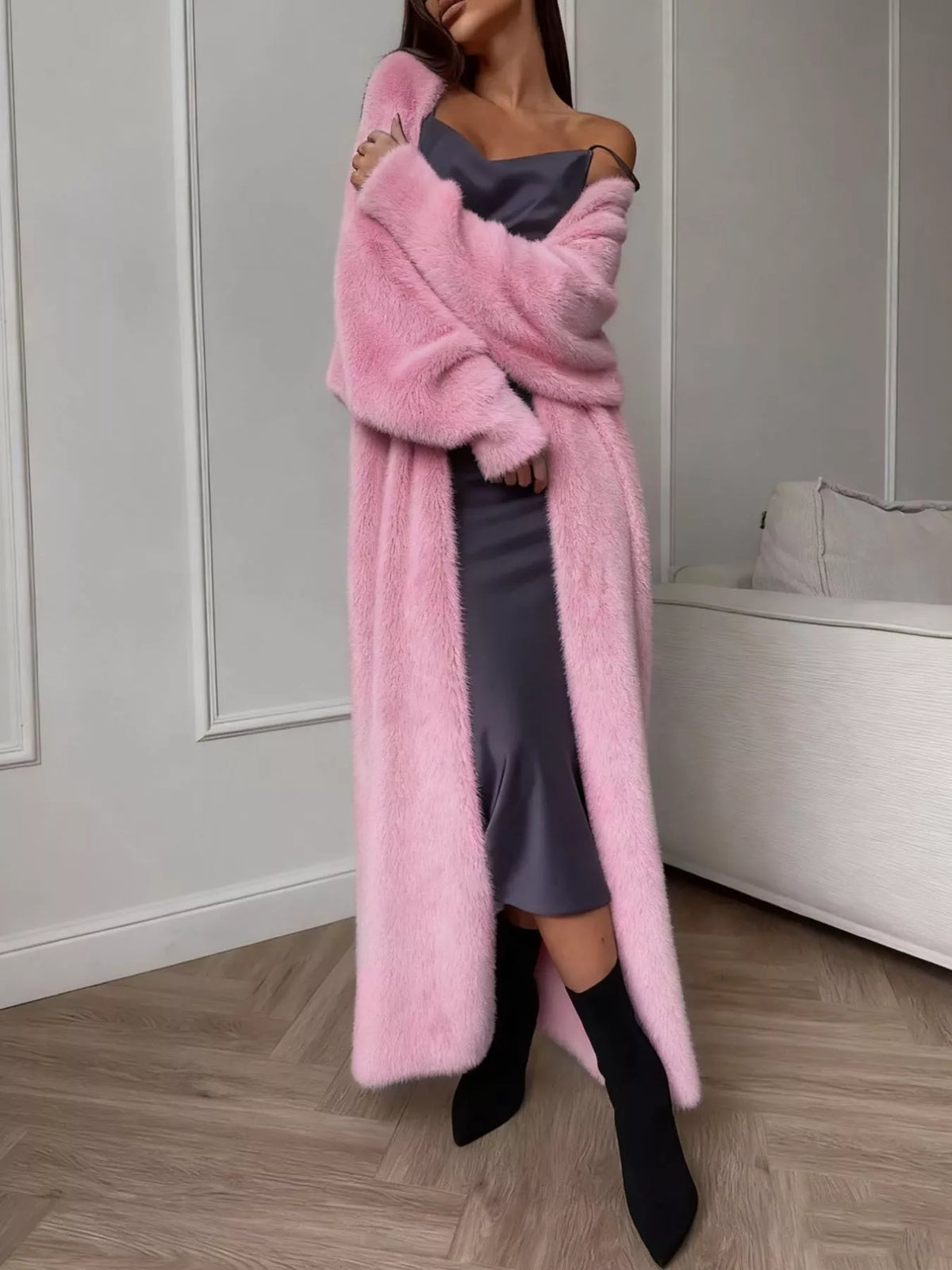 Fuzzy Open Front Longline Cardigan - Pink