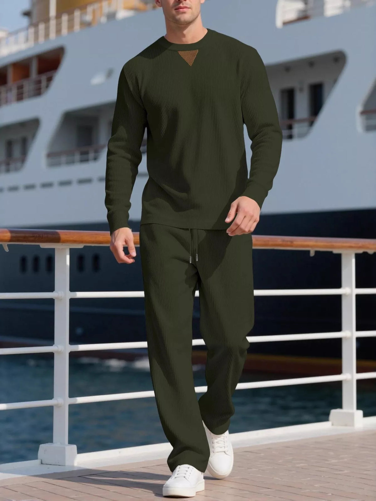 Men's Full Size Casual Crewneck Long Sleeve Sweatshirt and Jogger Set Plus Size - Army Green