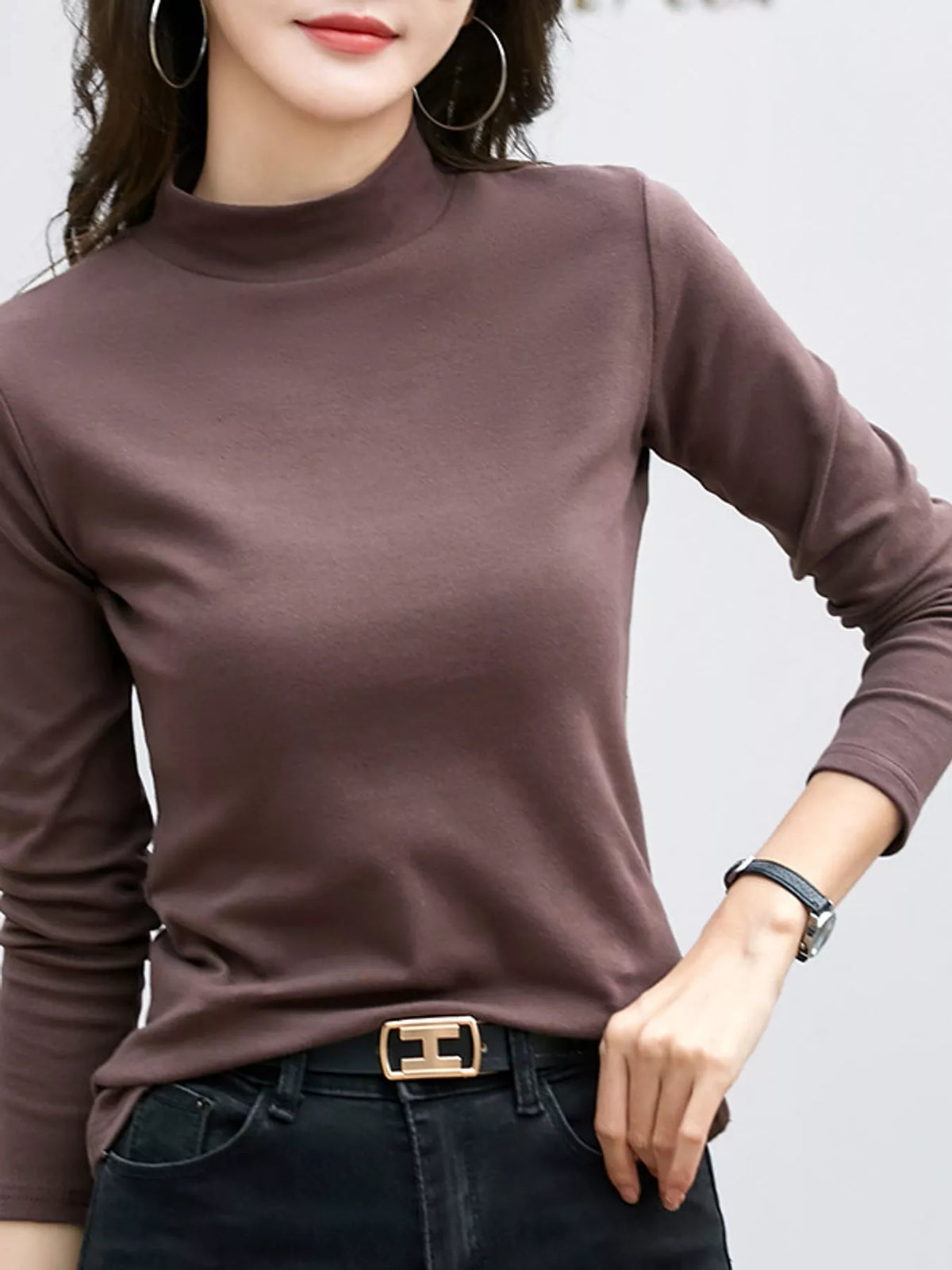 Full Size Slim-Fit Mock Neck Long Sleeve Basic T-Shirt Plus Size - Coffee