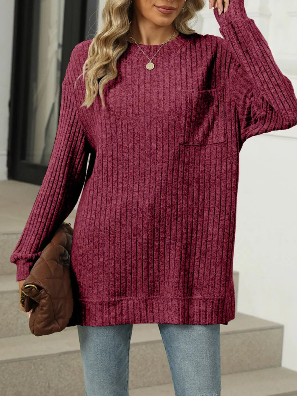 Ribbed Knit Round Neck Sweater - Wine Red