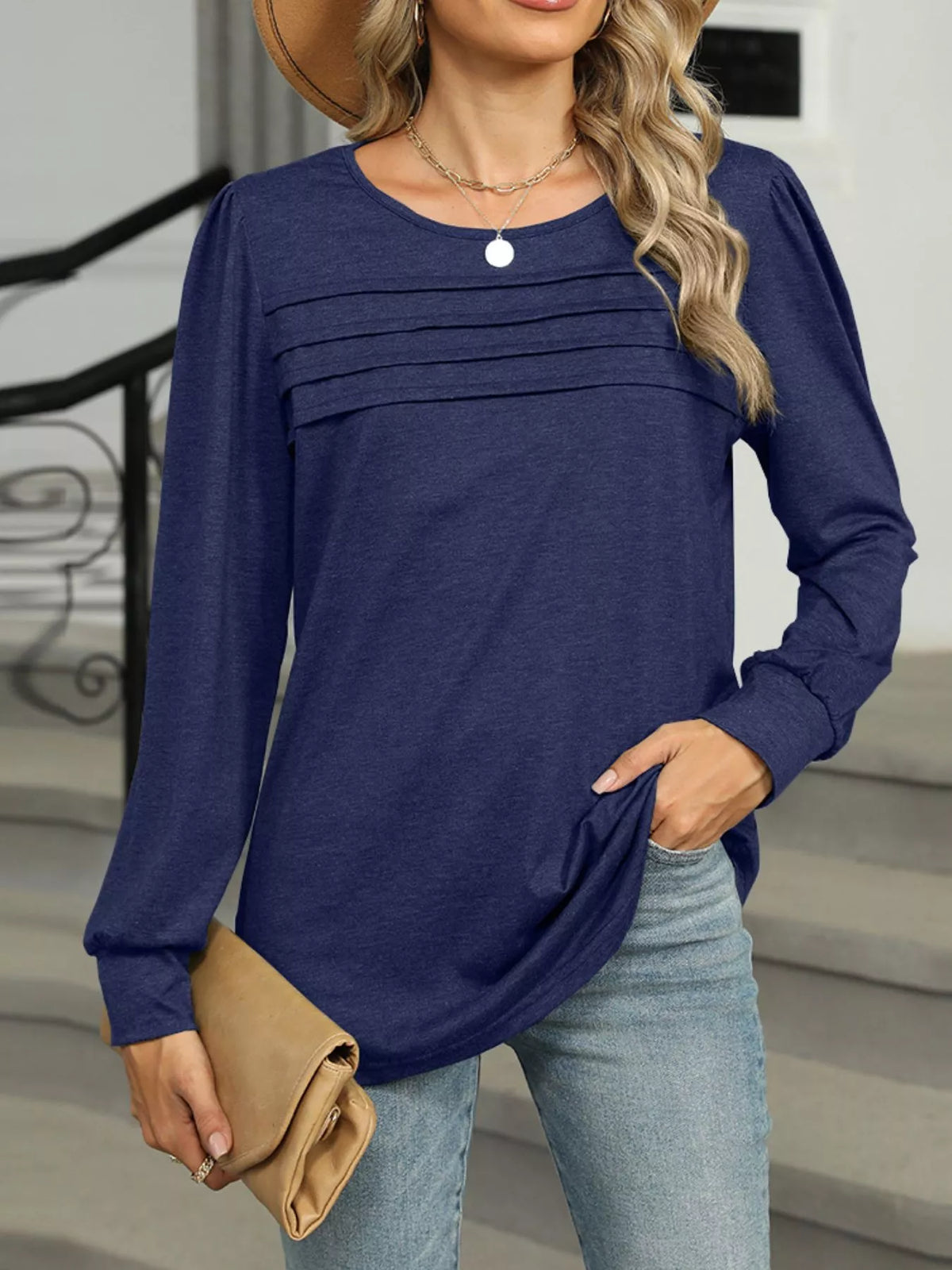 Long Sleeve Round Neck T-Shirt - Navy Blue