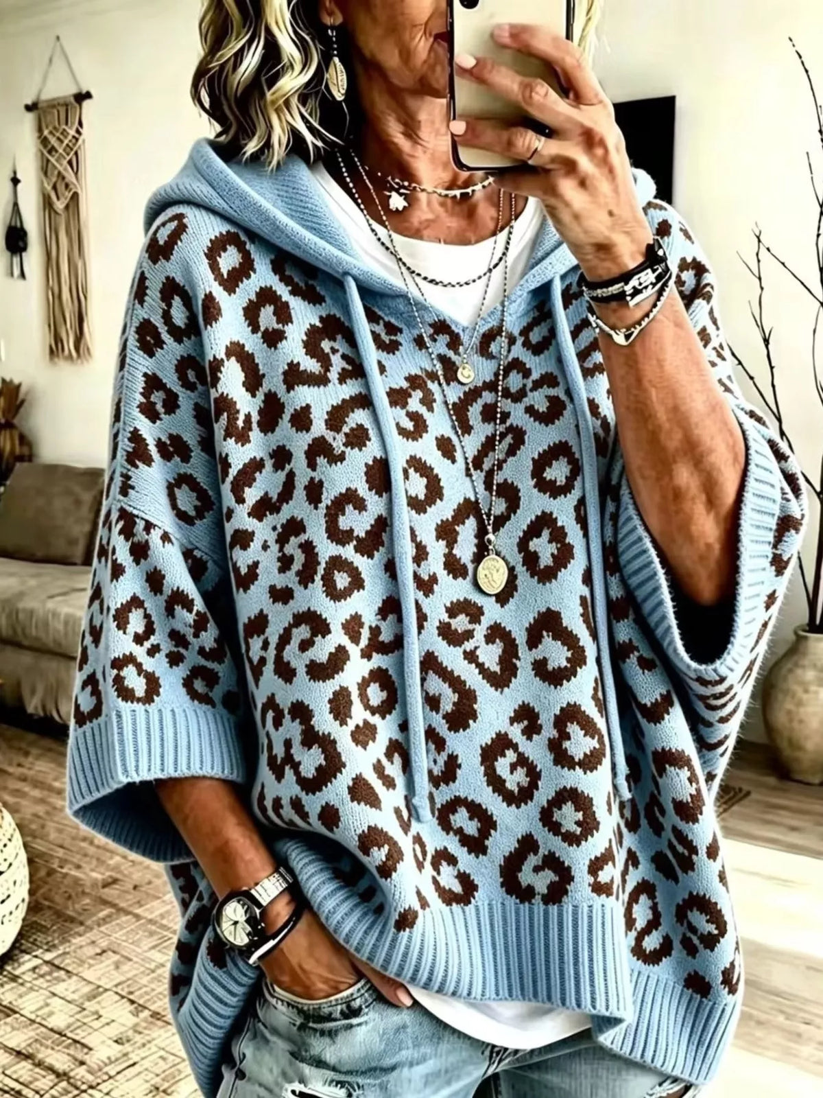 Drawstring Leopard Hooded Sweater - Blue
