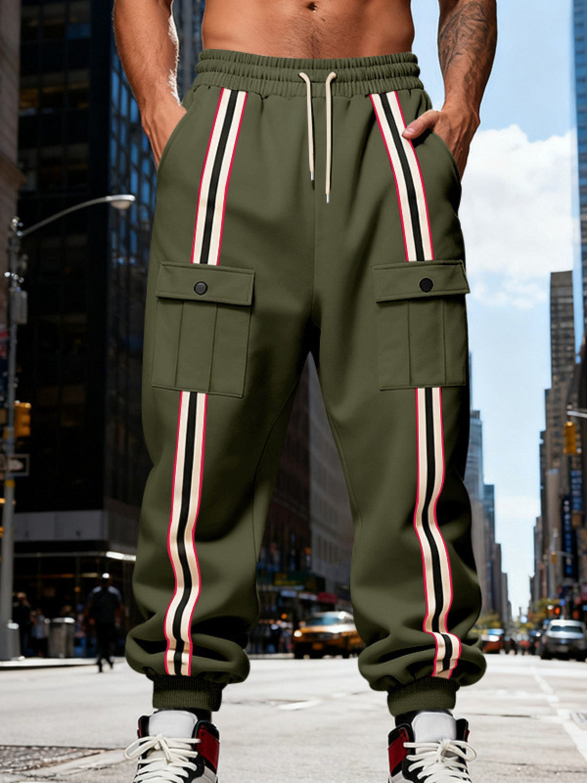 Men's Full Size Casual Striped Cargo Joggers Plus Size - Army Green