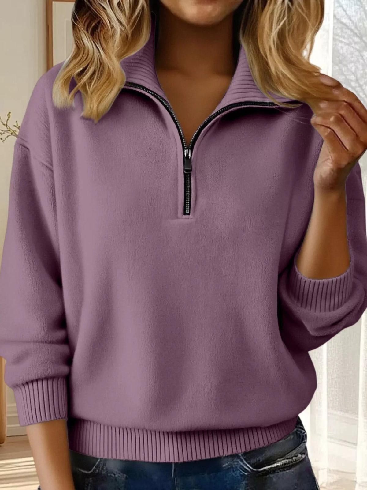 Full Size Half Zip Dropped Shoulder Sweater Plus Size - Purple