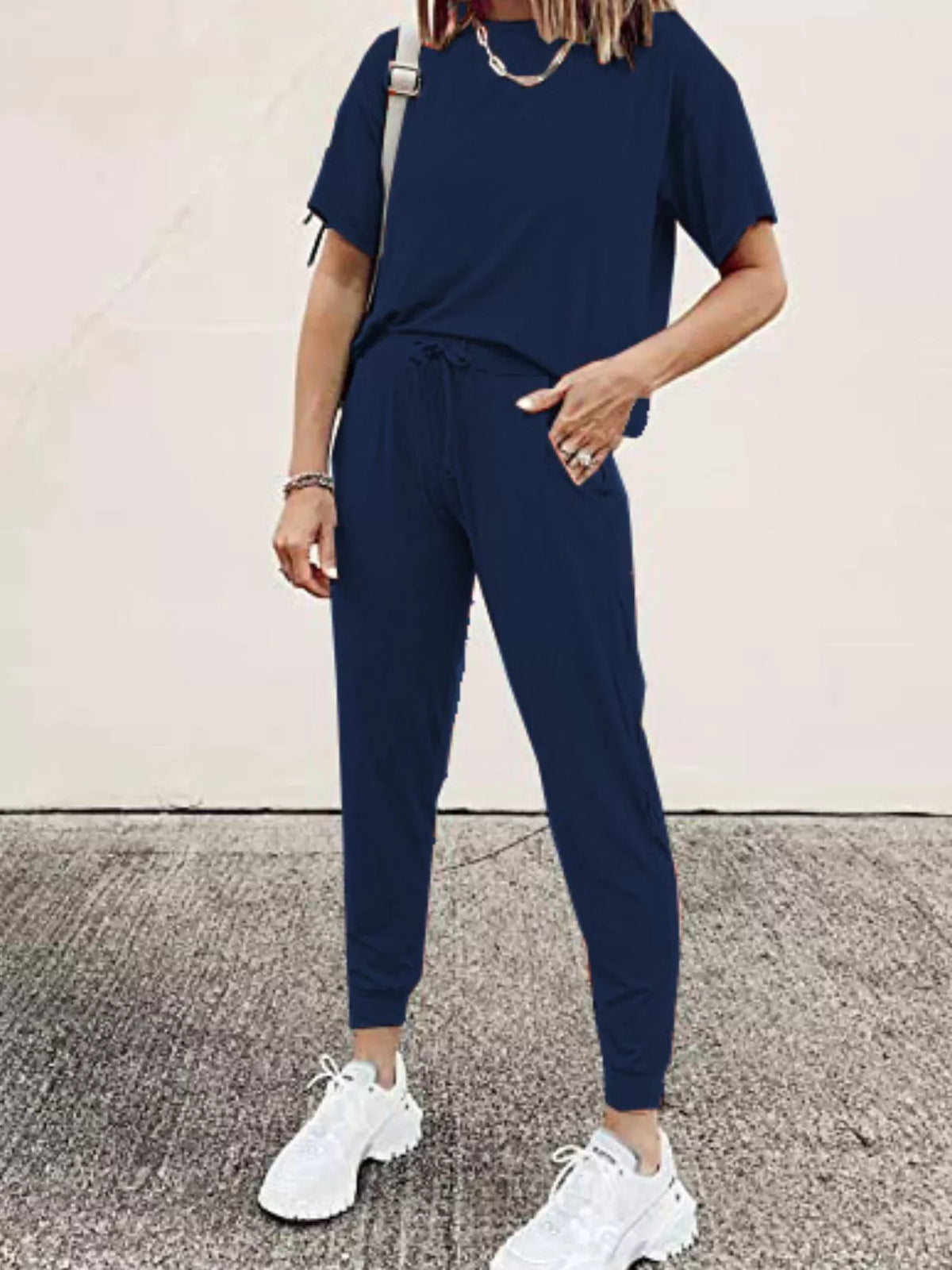 Full Size Round Neck Top and Drawstring Pants Set Plus Size - Navy Blue