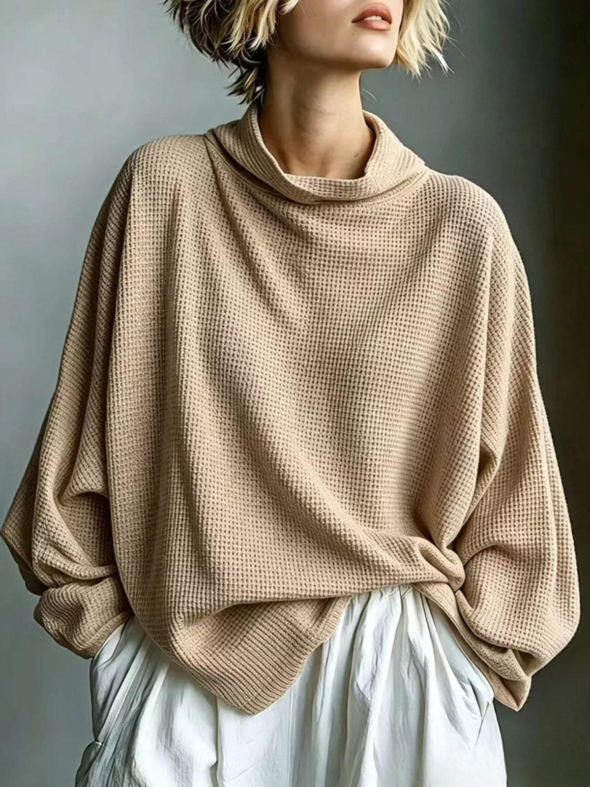 Full Size Oversized Waffle Knit Mock Neck T-Shirt Plus Size - Khaki