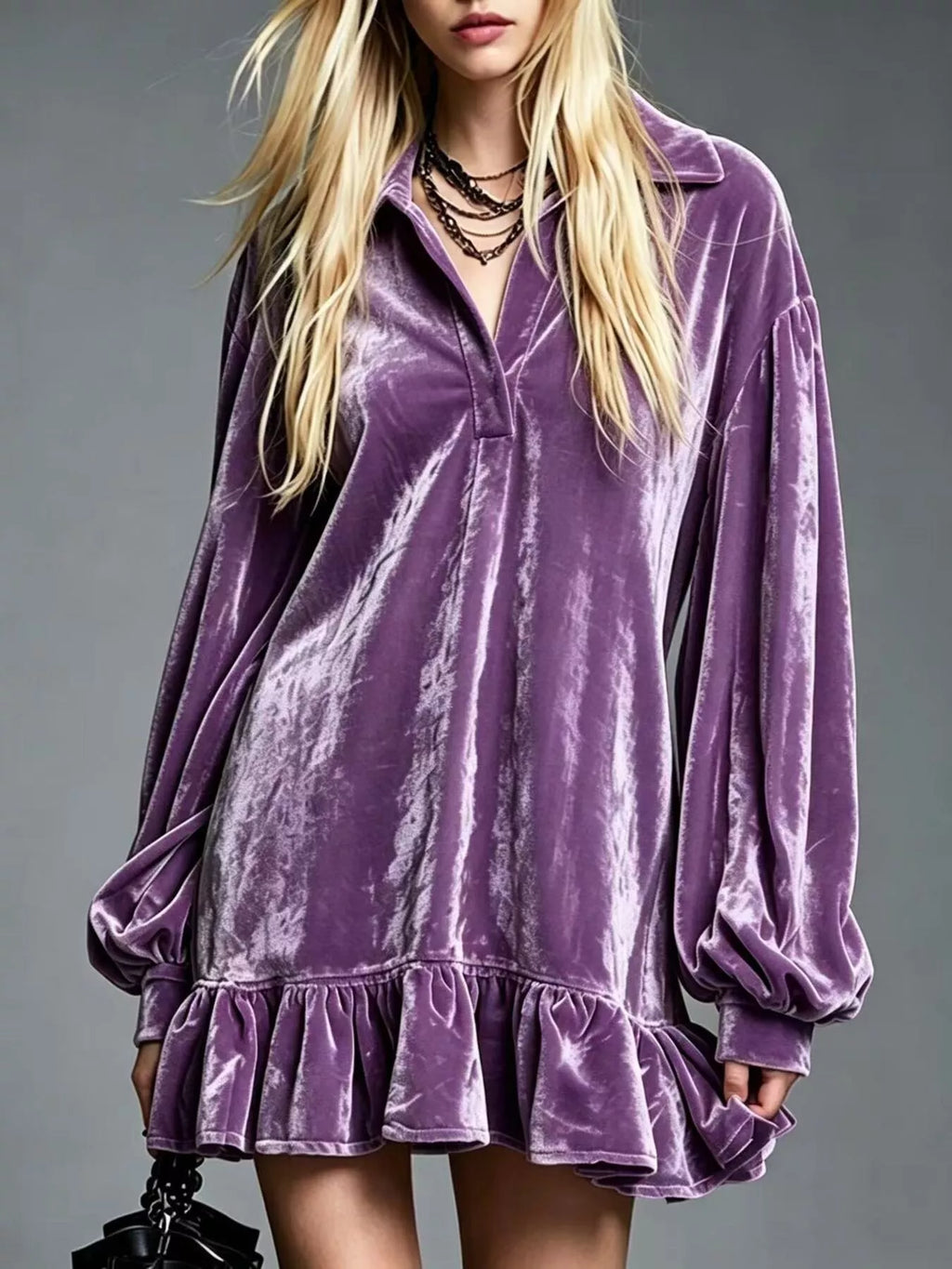 Full Size Velvet Long-Sleeve Ruffle Hem Mini Dress Plus Size - Mauve