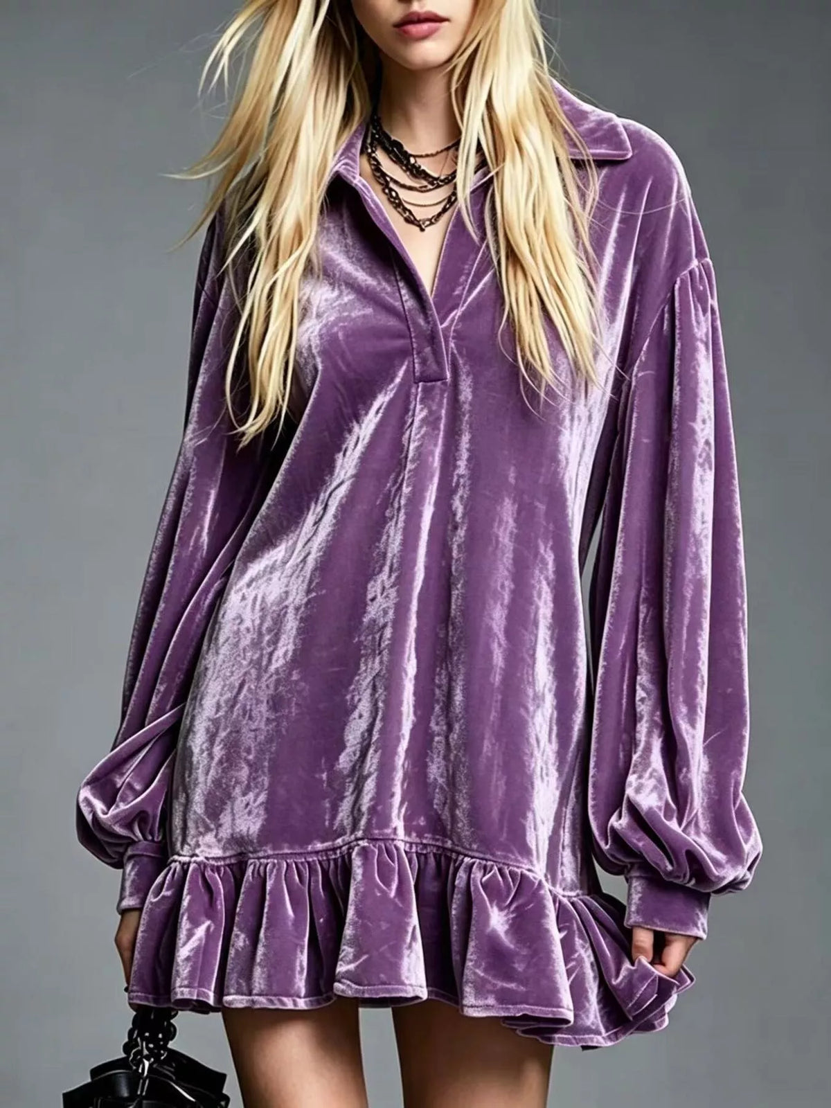 Full Size Velvet Long-Sleeve Ruffle Hem Mini Dress Plus Size - Mauve