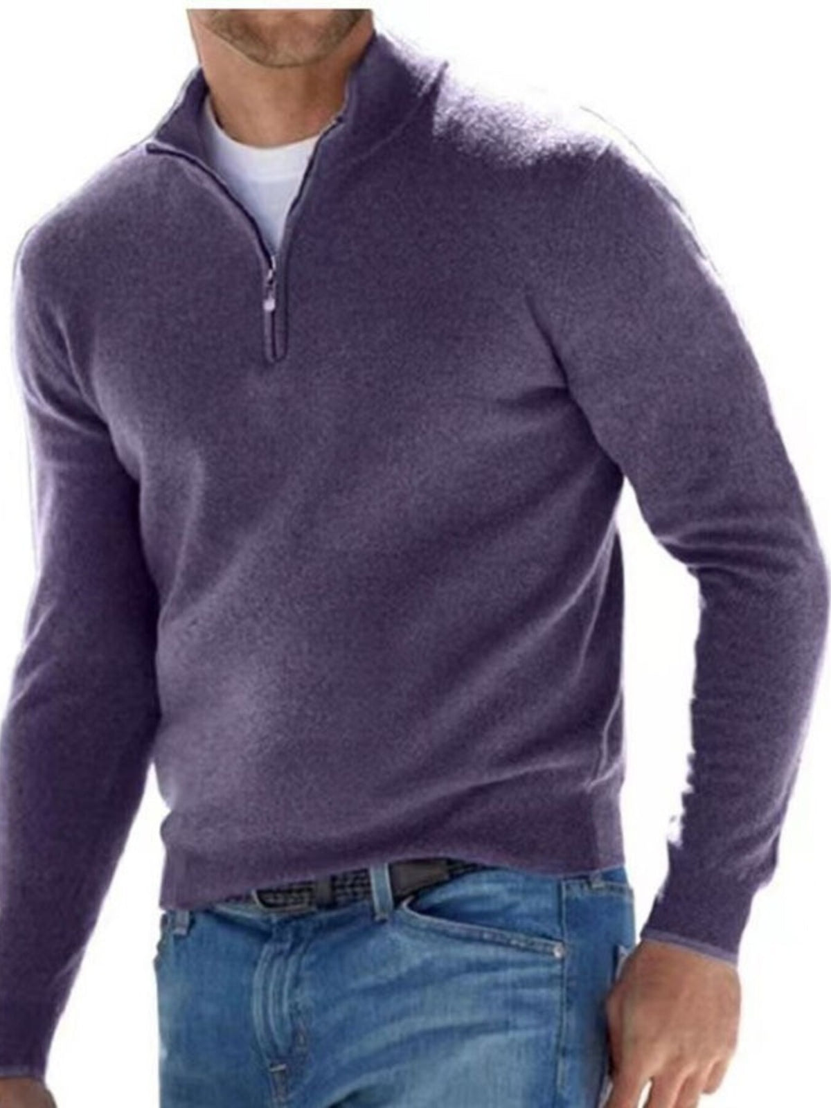 Men's Full Size Quarter-Zip Long Sleeve Sweater Plus Size - Dark Purple