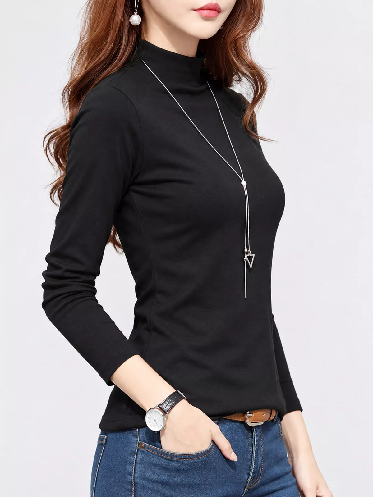 Full Size Slim-Fit Mock Neck Long Sleeve Basic T-Shirt Plus Size