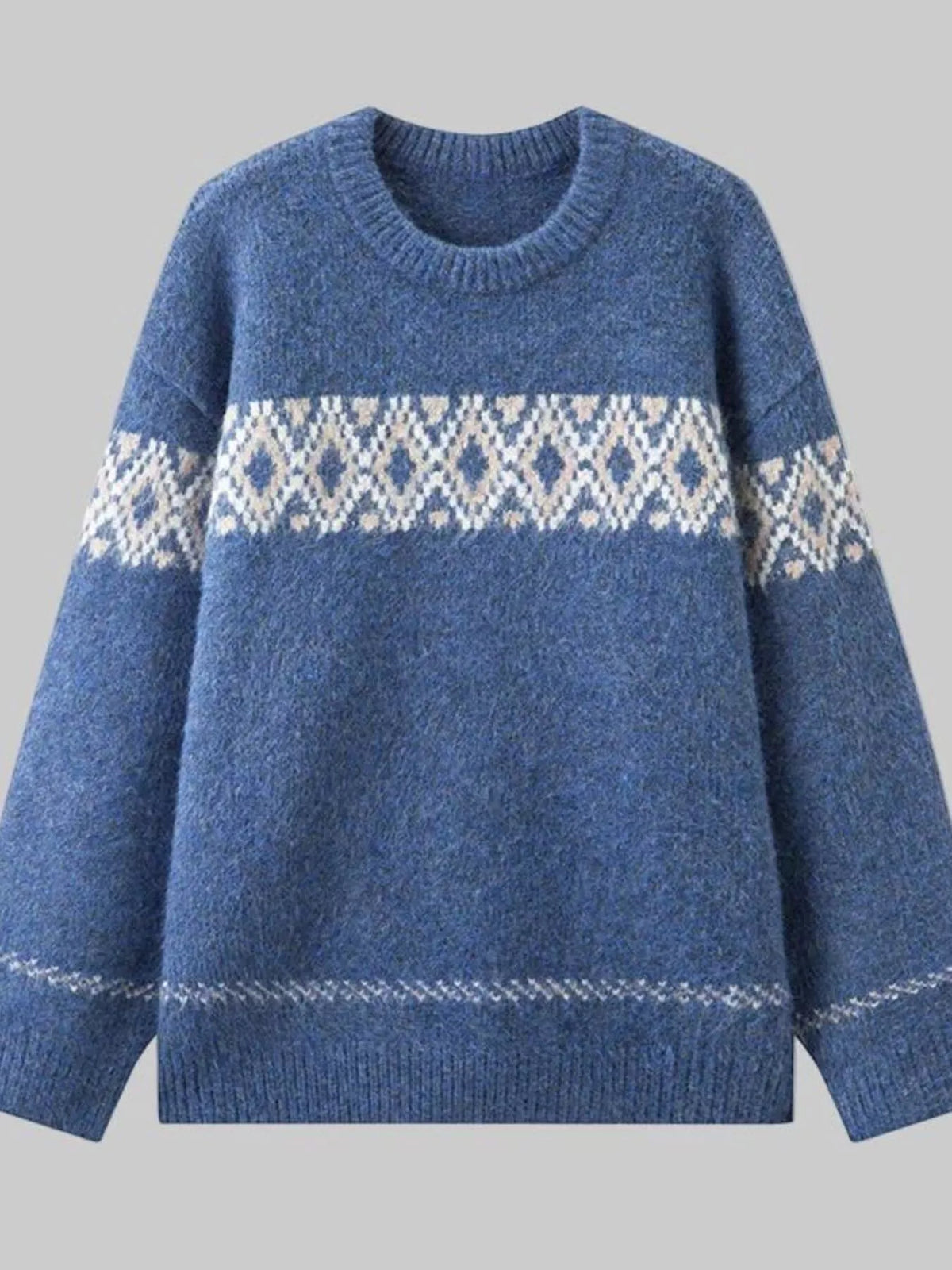 Full Size Vintage Patterned Round Neck Sweater Plus Size - Navy