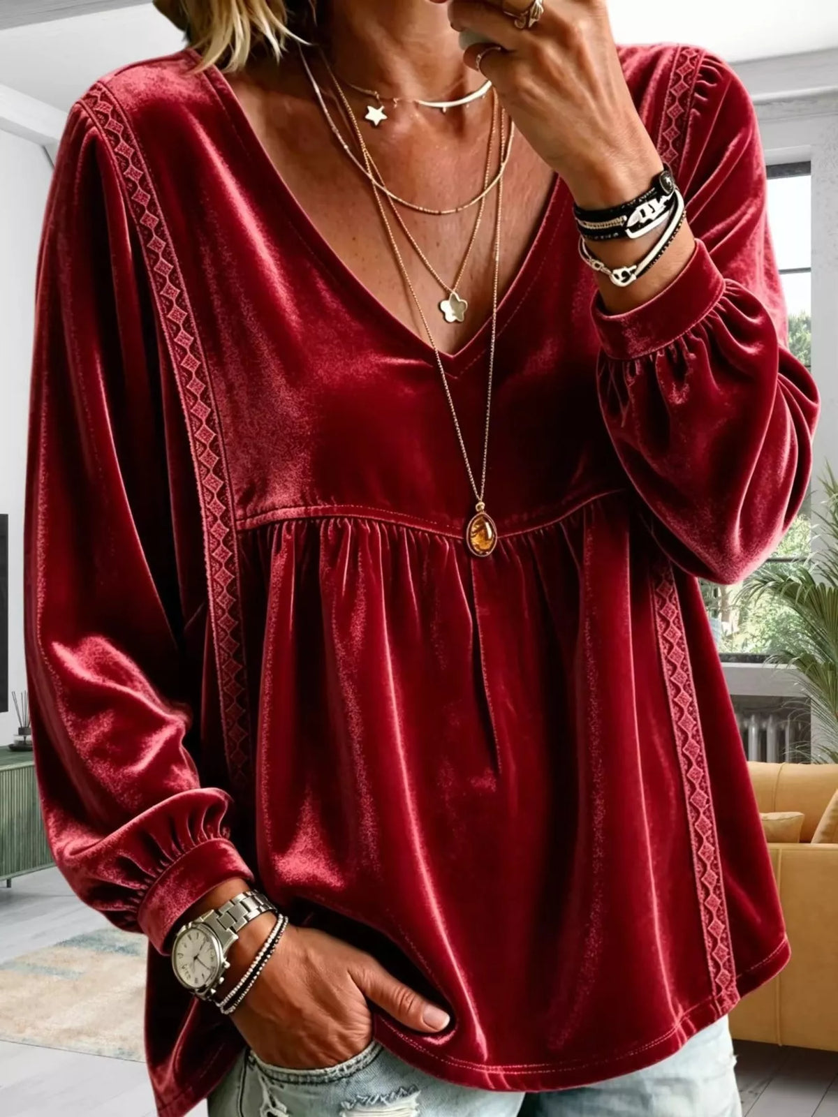 Full Size Velvet Lace Detail V-Neck Blouse Plus Size - Burgundy