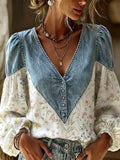 Full Size Denim Patchwork Floral Denim Top Plus Size - White