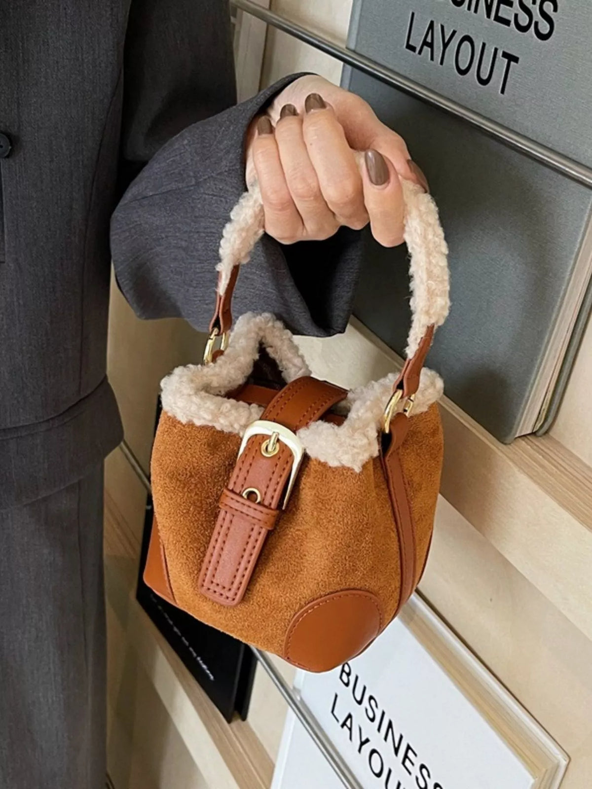 Fuzzy Trim Bucket Crossbody Bag - Brown
