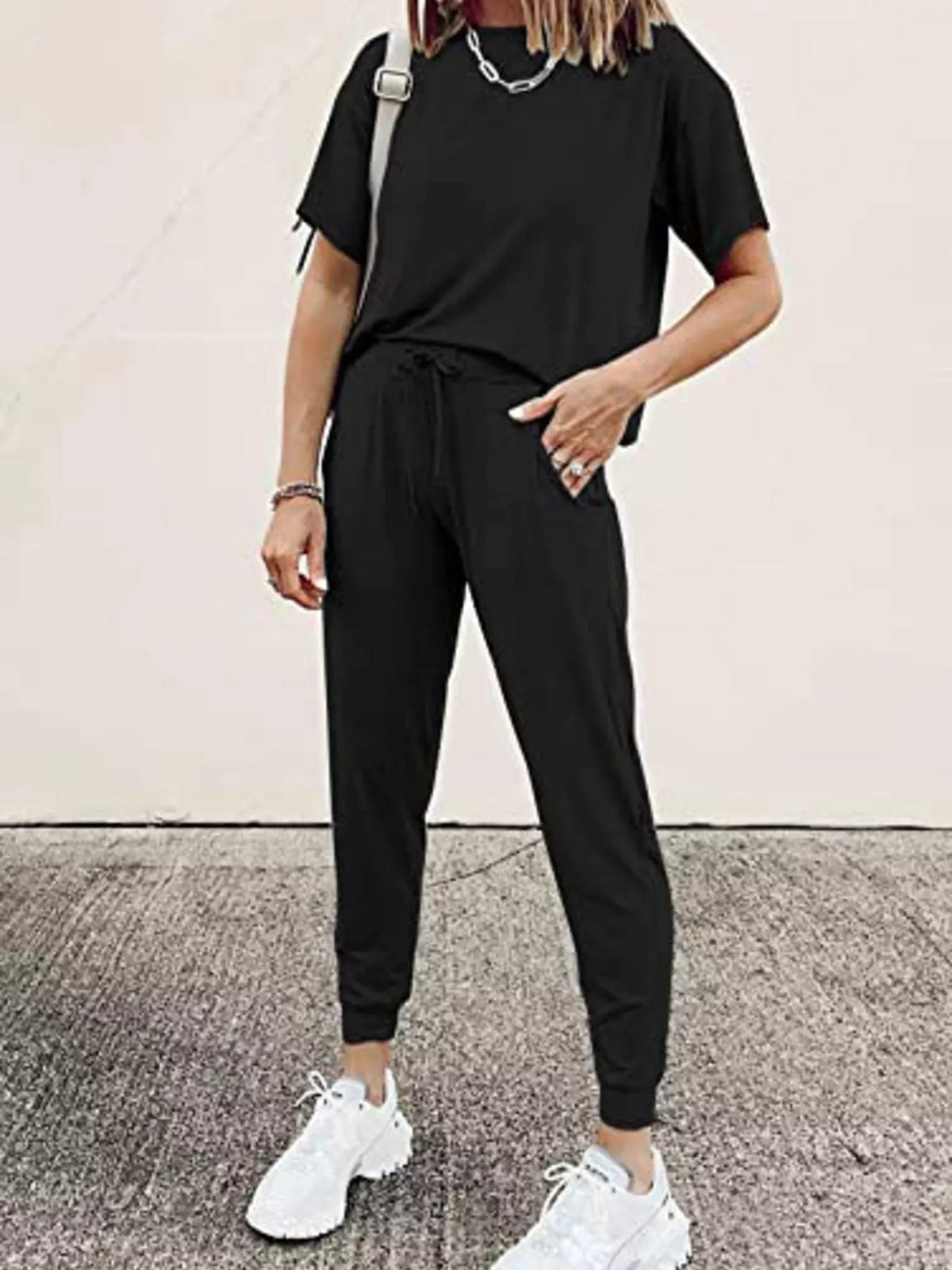 Full Size Round Neck Top and Drawstring Pants Set Plus Size - Black