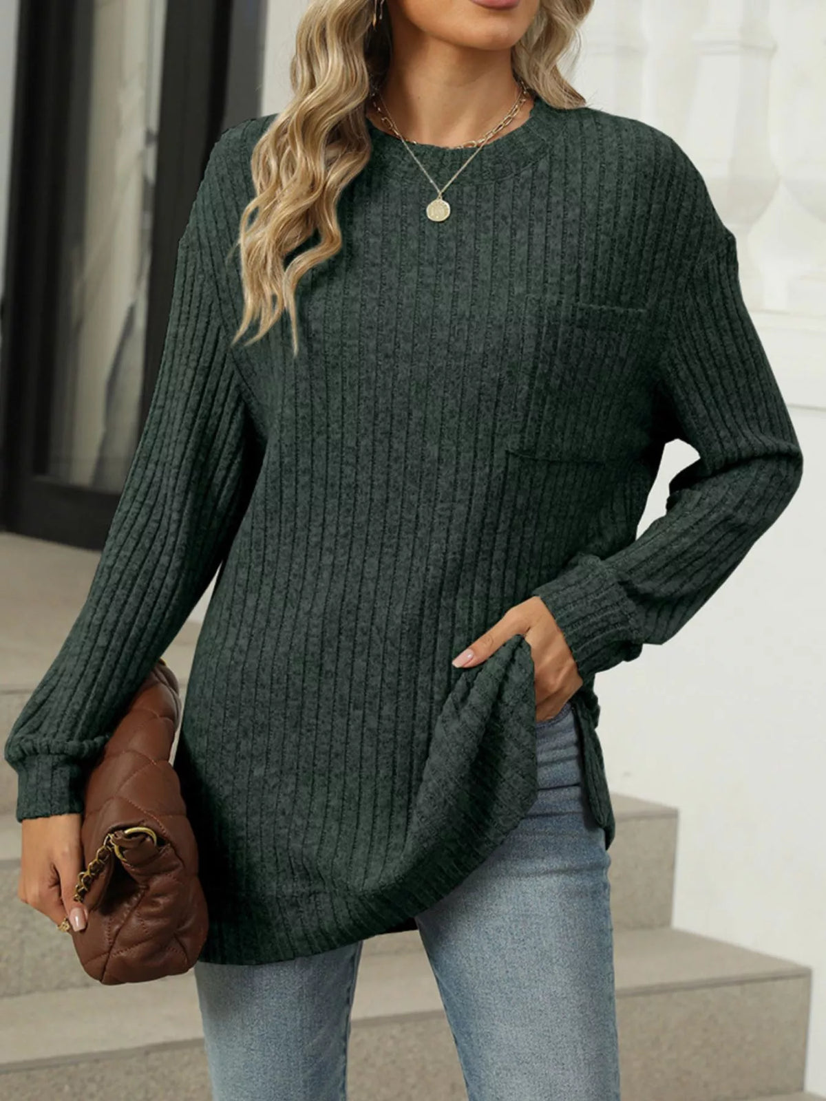 Ribbed Knit Round Neck Sweater - Army Green