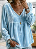 Full Size Velvet Lace Detail V-Neck Blouse Plus Size - Sky Blue