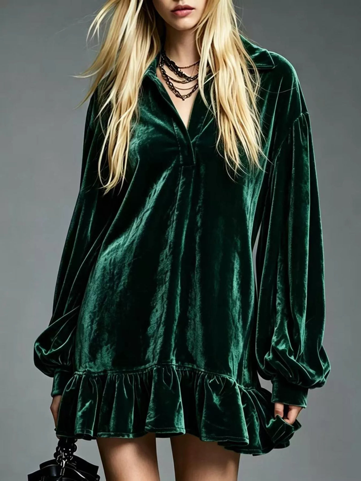 Full Size Velvet Long-Sleeve Ruffle Hem Mini Dress Plus Size - Dark Green