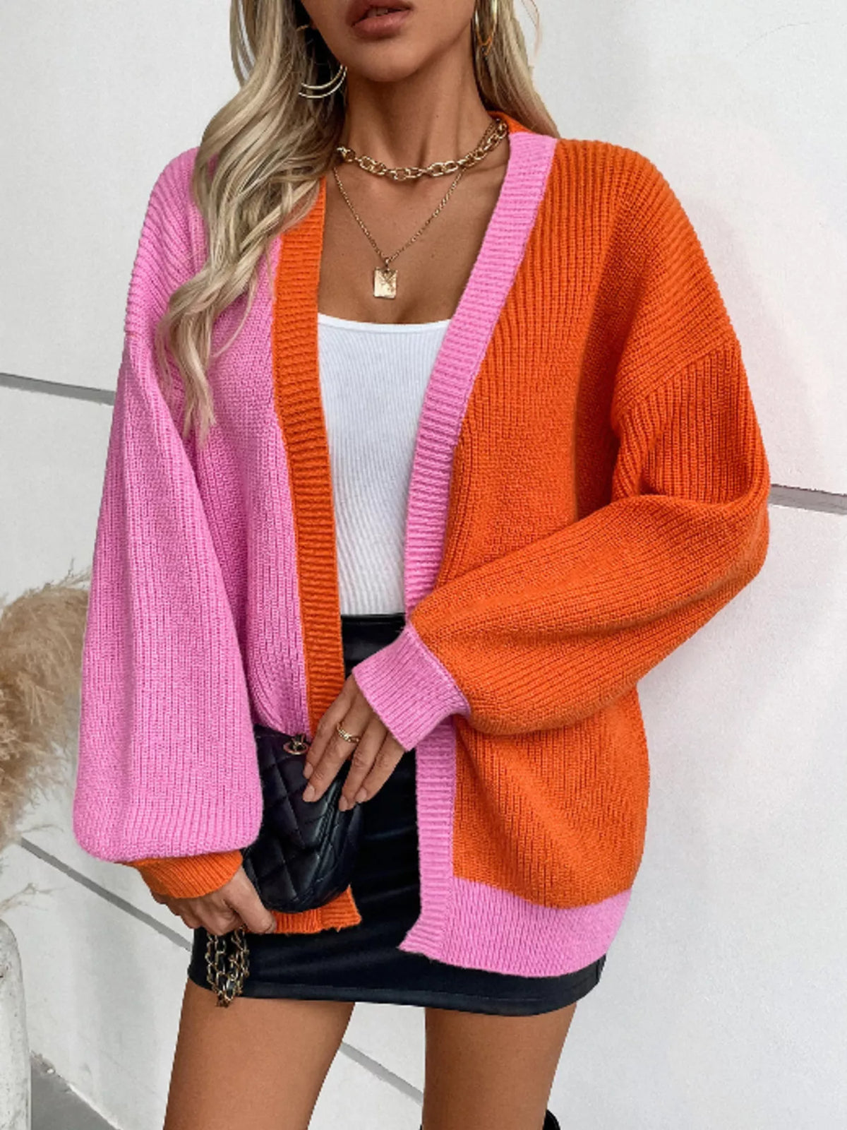 Color Block Open Front Knit Cardigan - Orange