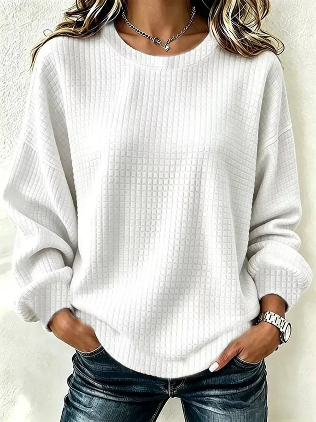 Full Size Waffle Knit Long Sleeve Crew Neck Sweatshirt Plus Size - White