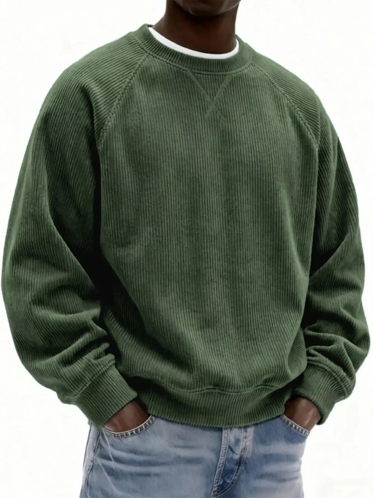 Men's Full Size Corduroy Crew Neck Sweatshirt Plus Size - Olive Green