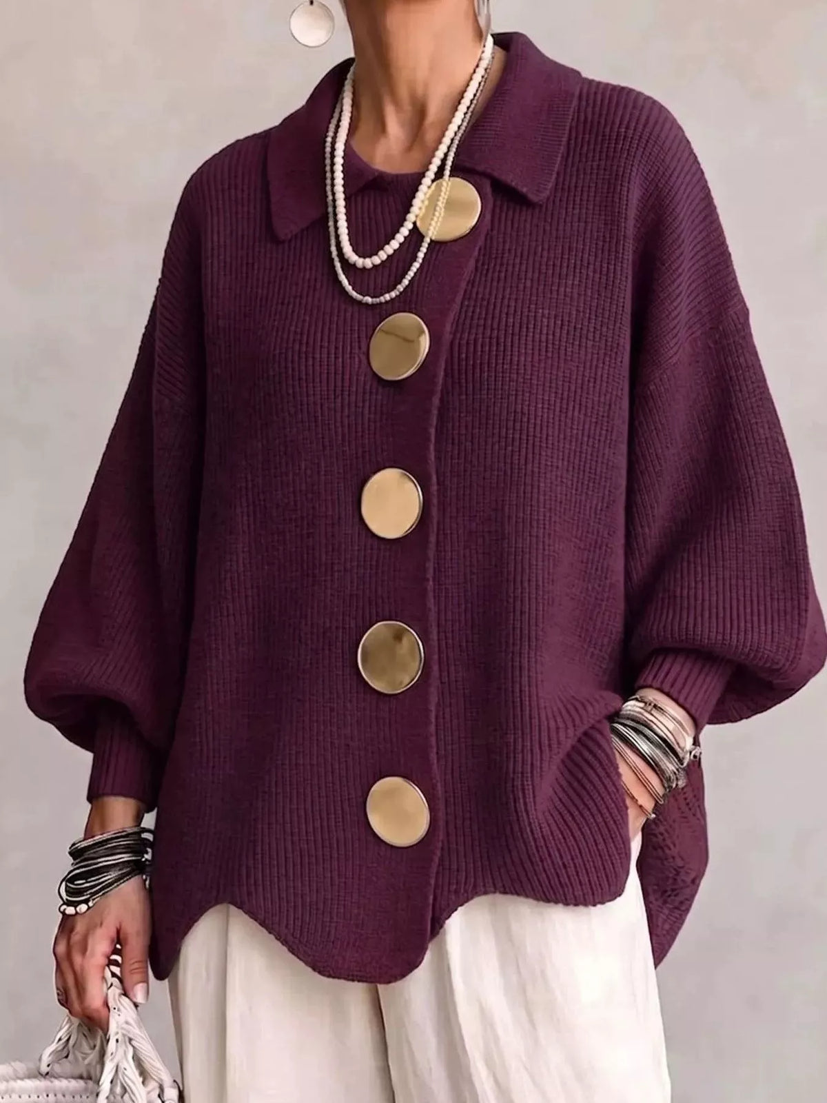 Full Size Gold Buttons Lantern Sleeve Cardigan Plus Size - Burgundy