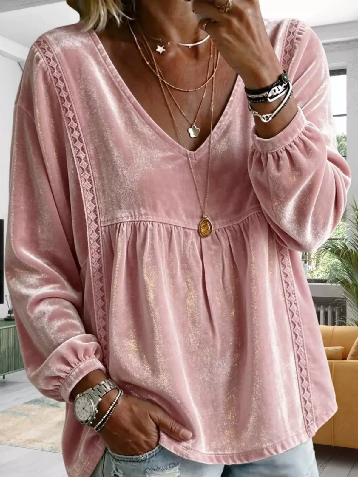 Full Size Velvet Lace Detail V-Neck Blouse Plus Size - Pink