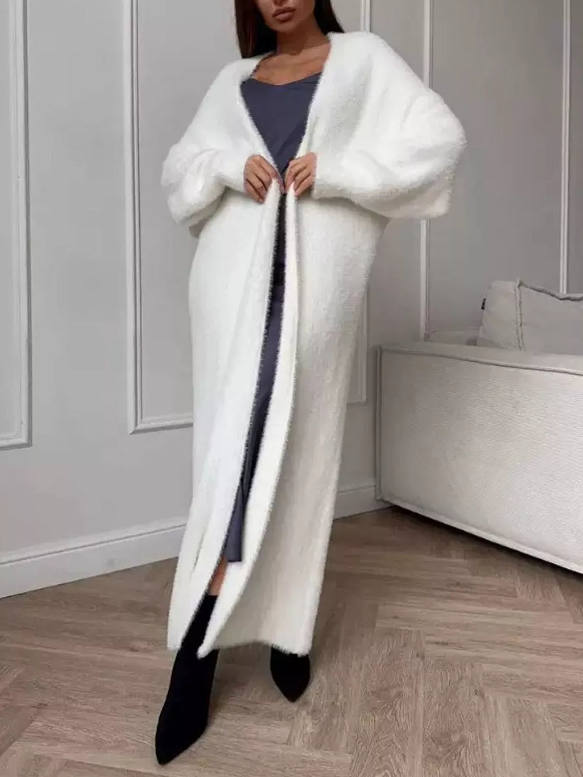 Fuzzy Open Front Longline Cardigan - White